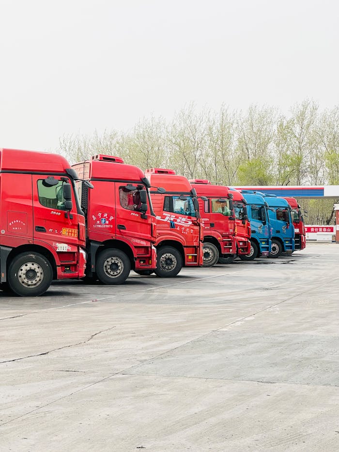 A row of vibrant trucks parked at a transportation depot in Tianjin, China.